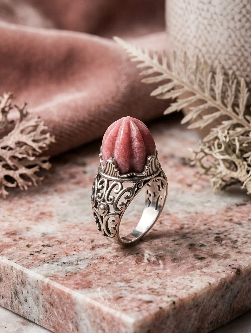 Carved Norwegian Thulite Sterling Silver Ring D'JOY 925 Size 9 13.90 CTW